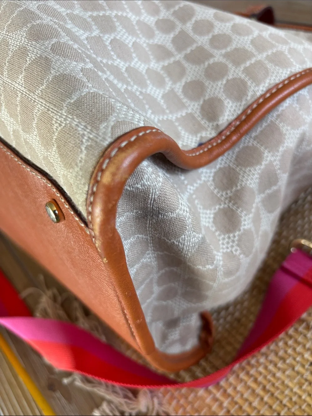 kate spade Beige Monogram Travel Tote with Pink and Red Stripe